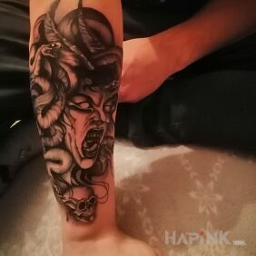 Tattoo Medusa ✌️ on the forearm motif: dark style: graphic / illustrative