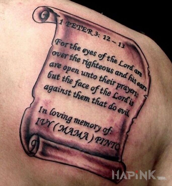 Tattoo Kartka z biblii in religious motif and graphic / illustrative style on the shoulder blades