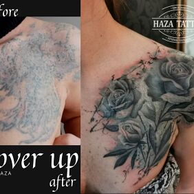 Tattoo Roses flowers cover up scars on the chest motif: floral style: realistic