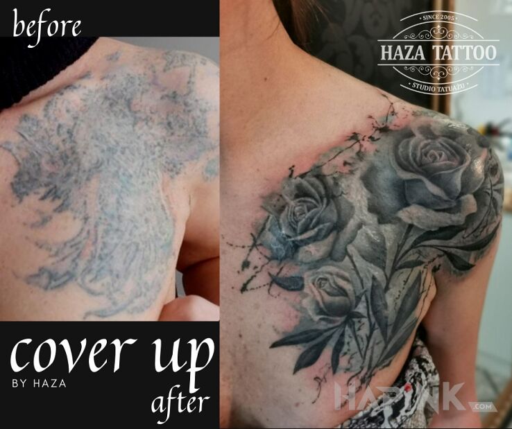 Tattoo Roses flowers cover up scars in black and gray motif and realistic style on the chest