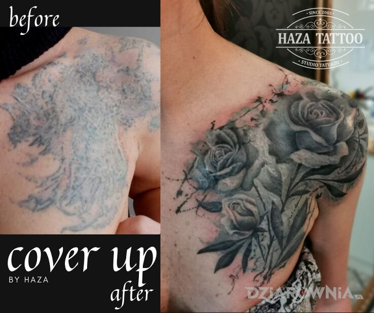 Tatuaż róże kwiaty cover up blizny w motywie pozostałe i stylu organika na obojczyku