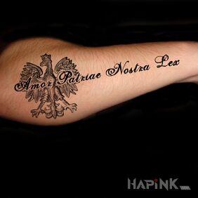 Tattoo Amor Patriae Nostra Lex on the forearm motif: lettering