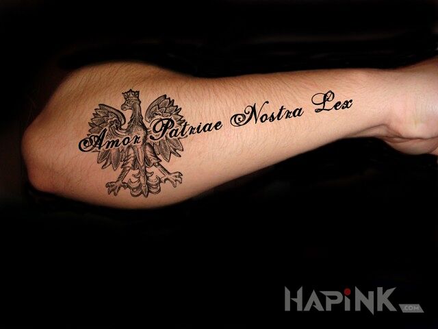 Tattoo Amor Patriae Nostra Lex in patriotic motif on the forearm