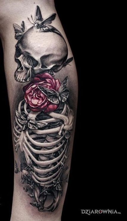 Tatuaż szkieletor 3d w motywie 3D na nodze