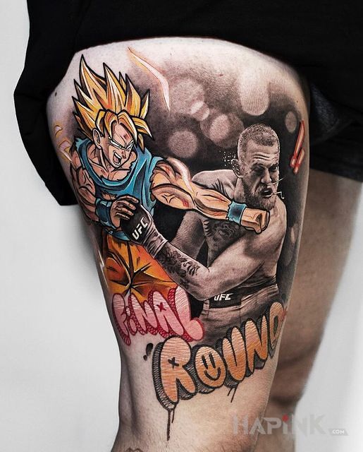 Tattoo Na Songo nie ma mocnych in funny motif and cartoon / comic book style on the leg