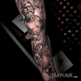 Tattoo Poseidon on the bicep motif: sleeves style: realistic