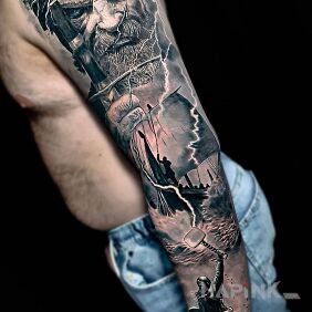 Tattoo Odin and his son Thor on the forearm motif: black and gray style: realistic