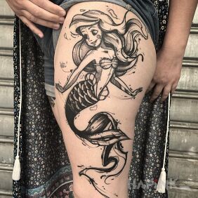 Tattoo Aurelka on the thigh motif: black and gray style: sketch