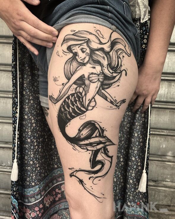 Tattoo Aurelka in black and gray motif and sketch style on the leg