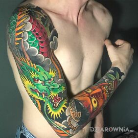 Tatuaż Zielony smok na ramieniu motyw: kolorowe styl: japońskie / irezumi