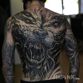 Tattoo Demonic wolfhound on the back motif: demons style: realistic