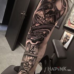 Tattoo Life on the street on the leg motif: faces style: chicano