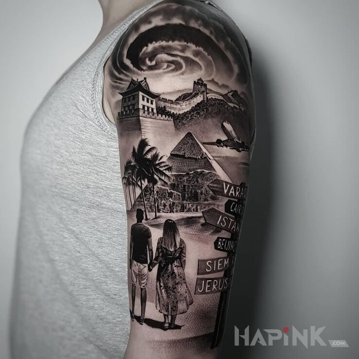 Tattoo Last minute in black and gray motif and realistic style On the arm