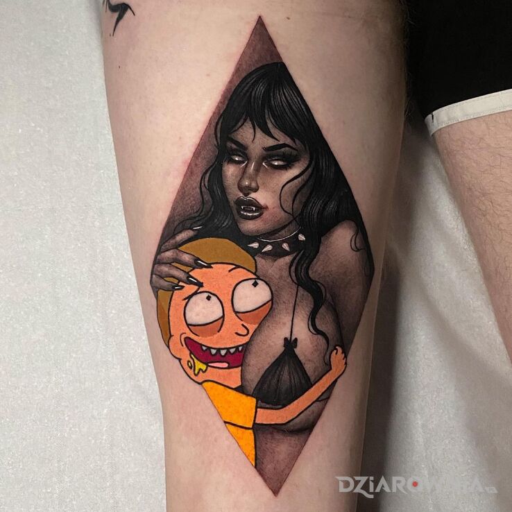Tatuaż Morthy w siódmym niebie w motywie śmieszne i stylu kreskówkowe / komiksowe na udzie