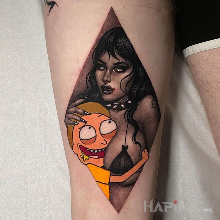 Tattoo Morthy w siódmym niebie in black and gray motif and cartoon / comic book style on the thigh