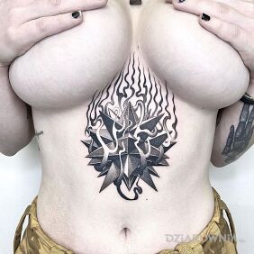 Tatuaż Geometryczna bryła na brzuchu motyw: czarno-szare styl: dotwork