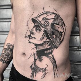 Tattoo Young soldier on the stomach motif: war style: sketch