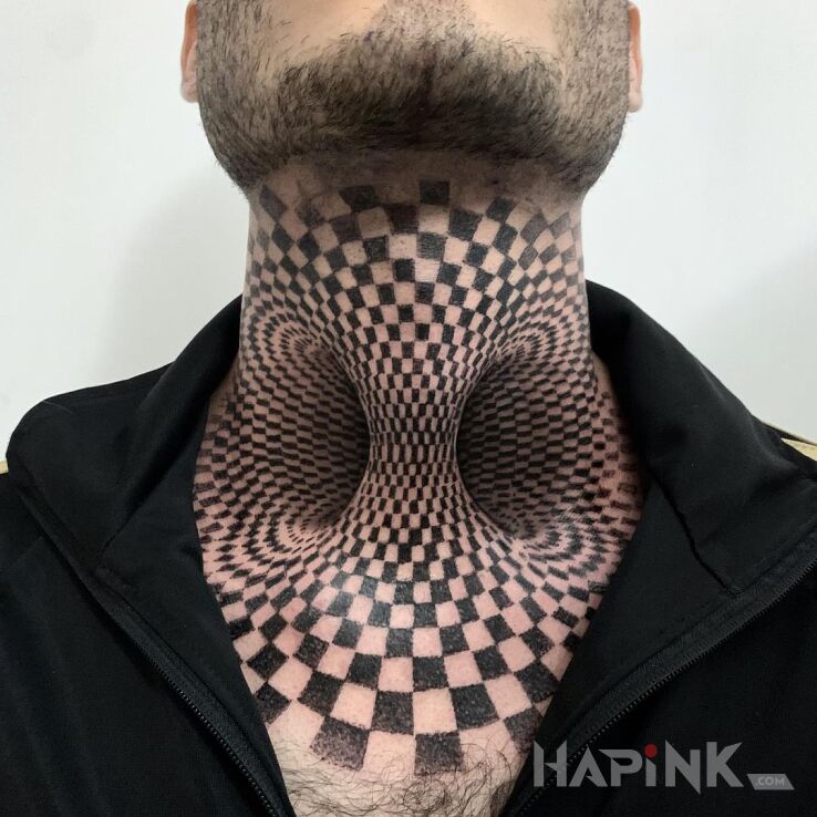 Tattoo Można się zapatrzeć na ten efekt in black and gray motif and optical illusion style on the throat