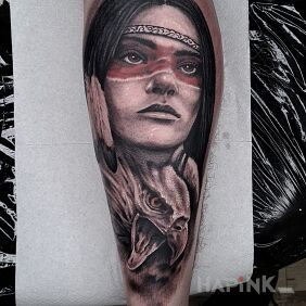 Tattoo Indian woman on the calf motif: black and gray style: realistic