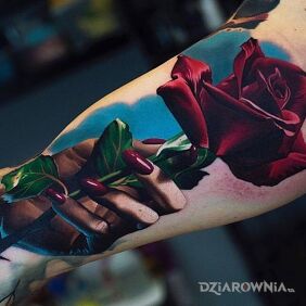 Tatuaż Czerwona róża w dłoni na bicepsie motyw: 3D styl: realistyczne