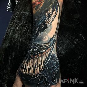 Tattoo Venom's Smile on the forearm motif: 3D style: realistic
