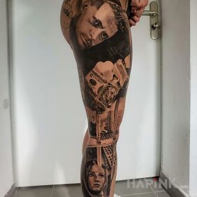 Tattoo Money on the hip motif: legsleeves style: realistic
