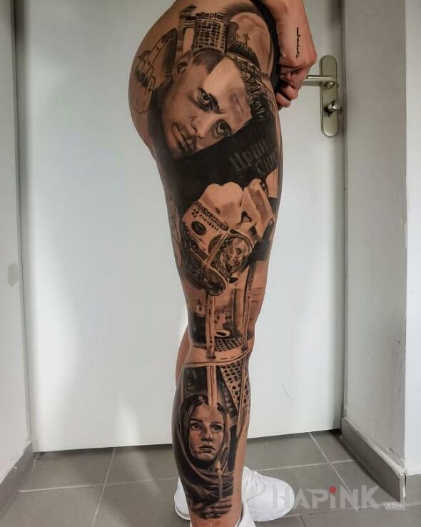 Tattoo Money in faces motif and realistic style on the hip