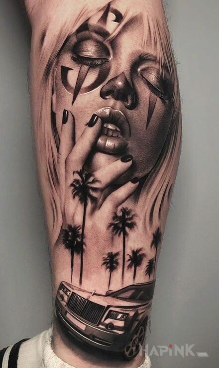 Tattoo Sunie limuzyna in 3D motif and realistic style on the calf