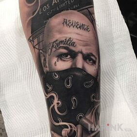 Tattoo Gangster from Los Angeles on the forearm motif: 3D style: chicano