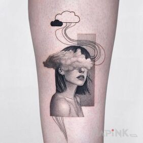 Tattoo Head in the clouds On the arm motif: black and gray style: realistic