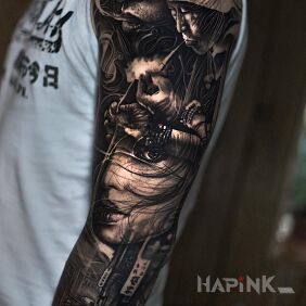 Tattoo Asian Atmosphere On the arm motif: black and gray style: realistic