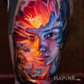 Tattoo Girl and a pretty view on the leg motif: 3D style: realistic