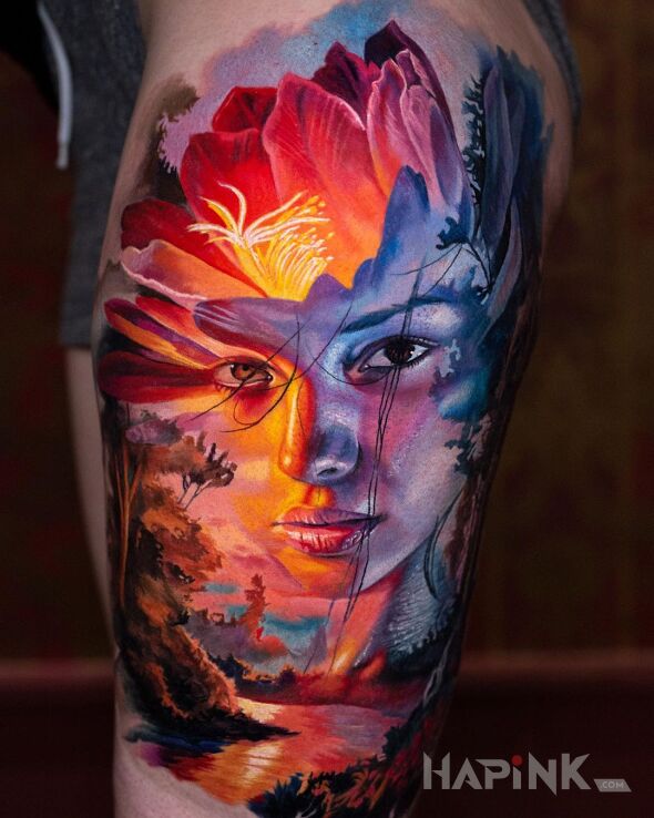 Tattoo Dziewczyna i ładny widoczek in 3D motif and realistic style on the leg