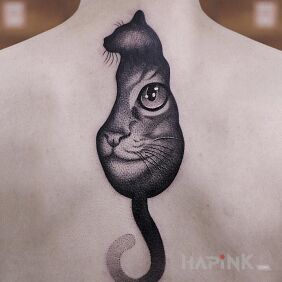 Tattoo Cat tattoo on the back motif: animals style: realistic