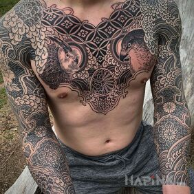Tattoo Birds among geometry on the chest motif: animals style: graphic / illustrative