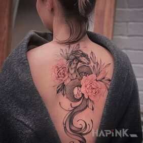 Tattoo Snake dragon on the back motif: flowers style: graphic / illustrative