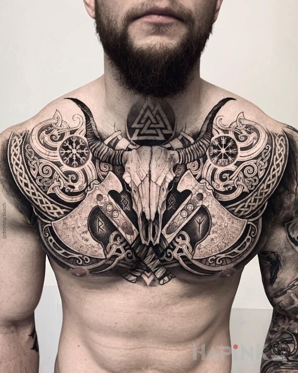 Tattoo Dwa topory in objects motif and graphic / illustrative style on the chest
