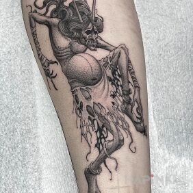 Tattoo Water hag On the arm motif: black and gray style: dotwork