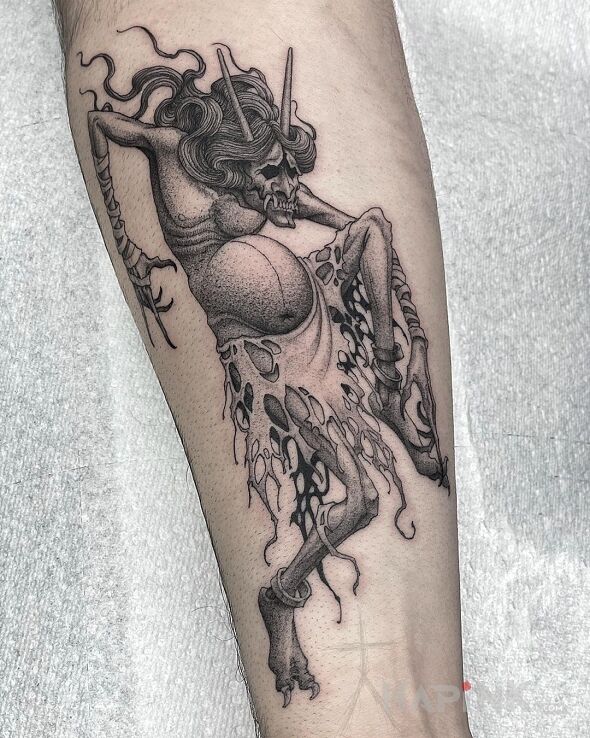 Tattoo Baba wodna in demons motif and graphic / illustrative style on the forearm