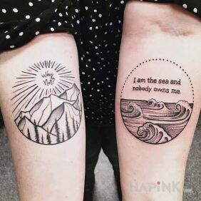 Tattoo Mountains and sea on the forearm motif: nature style: graphic / illustrative