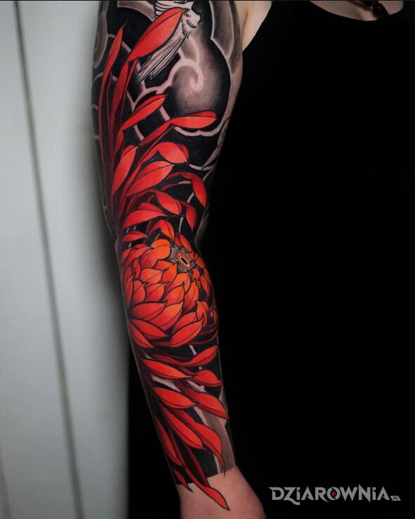 Tatuaż czerwona chryzantema w motywie kwiaty i stylu japońskie / irezumi na ramieniu