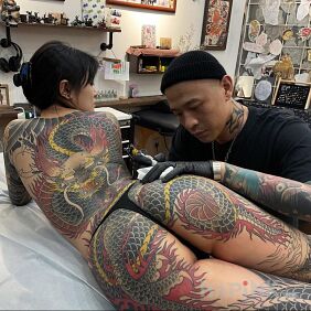 Tattoo Dragon full body on the back motif: colorful style: japanese / irezumi