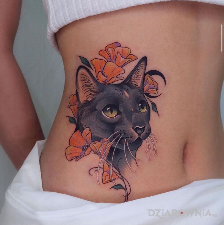 Tatuaż czarny kociak w motywie kolorowe i stylu neotradycyjne na brzuchu