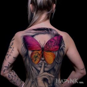 Tattoo Butterfly on the face on the back motif: butterflies style: realistic