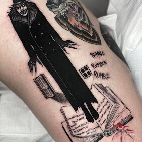 Tattoo Nightmarish man on the leg motif: objects style: blackwork / blackout