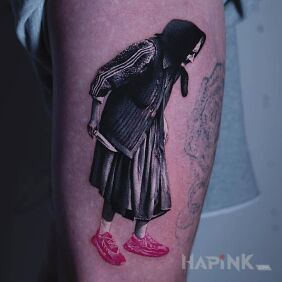 Tattoo Old Lady with a Knife on the thigh motif: funny style: realistic