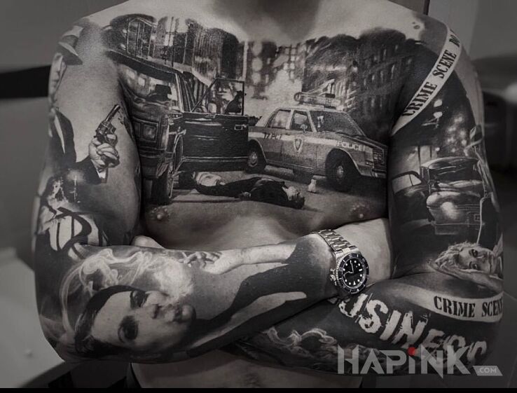 Tattoo Miejsce zbrodi in 3D motif and realistic style On the arm