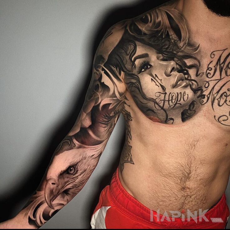 Tattoo Nadzieja wypisana na twarzy in sleeves motif and realistic style on the collarbone