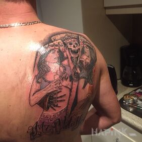 Tattoo Mi vida loca ciague on the shoulder blades motif: characters