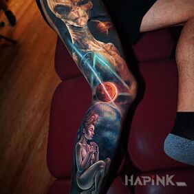 Tattoo Alien on the calf motif: cosmos style: realistic